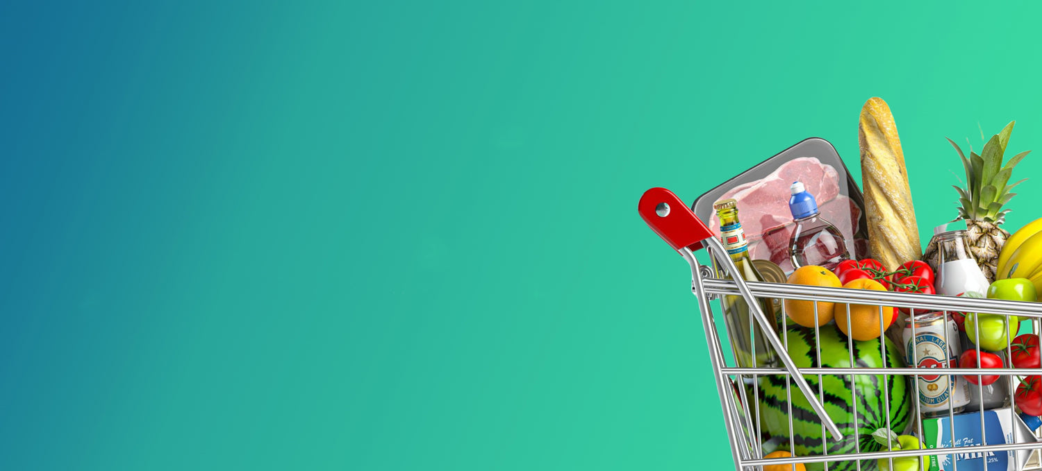 Eco-friendly produce bags filled with fresh fruits and vegetables in a shopping cart