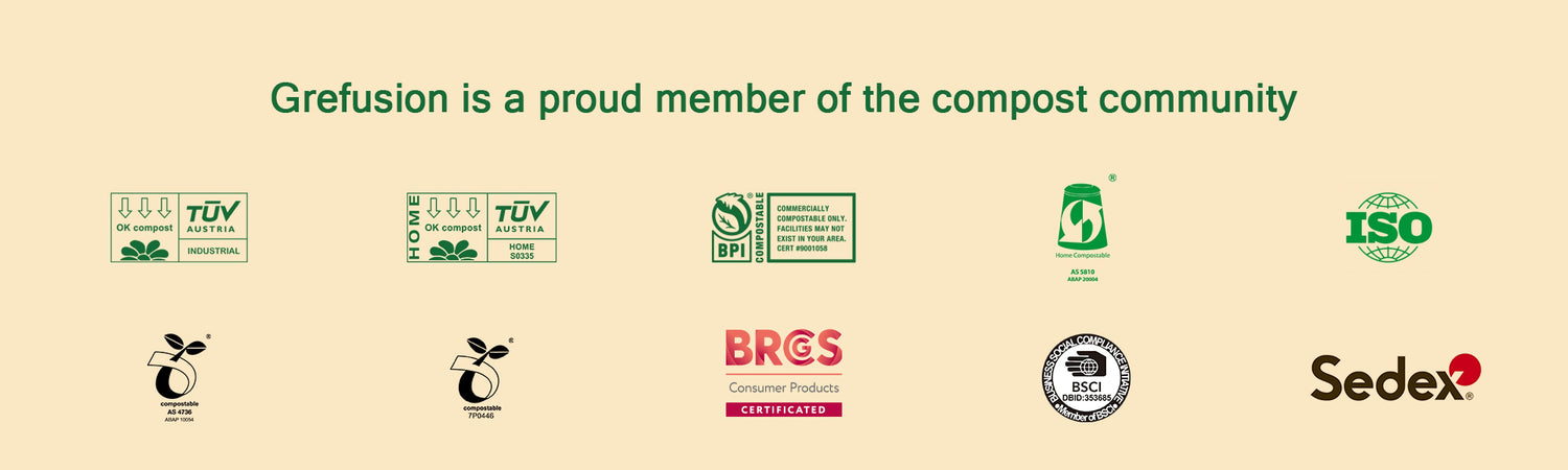 The image shows a banner with certifications for compostable products, including TÜV Austria, BPI, ISO, and social compliance logos like BSCI and Sedex.