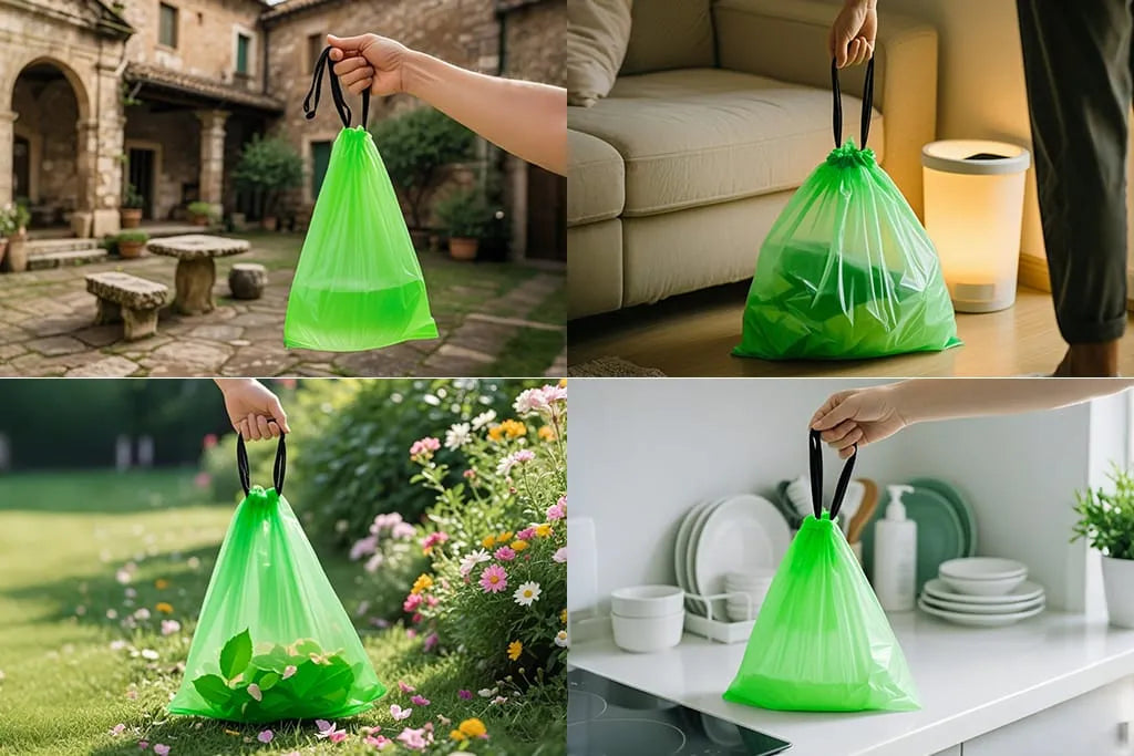 The Drawstring Compostable Trash Bags can be used in kitchens, bedrooms, and outdoors.