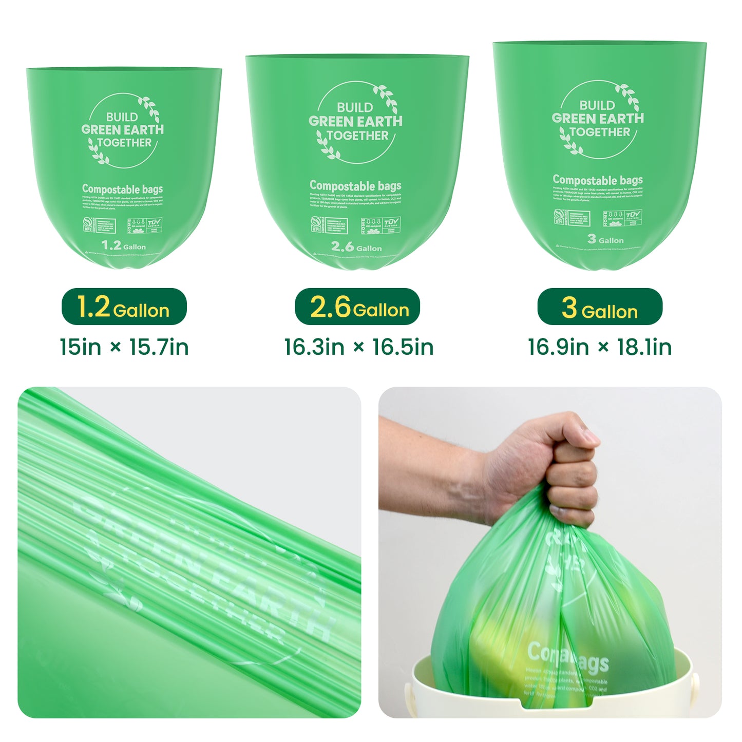 1.2/2.6/3 Gallon - 100% Compostable Flat Top Trash Bags